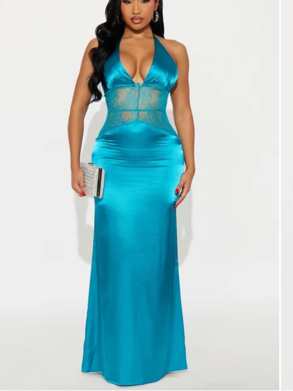 Fashion Nova Turquoise Satin Halter Maxi Dress